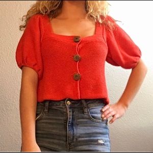 Free People Balloon Sleeved Red Top w/ buttons XS